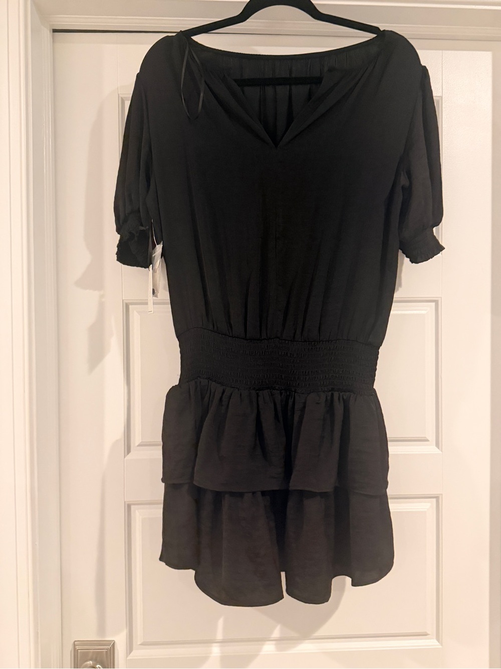 1. State Black Smocked-Waist Tiered Mini Dress